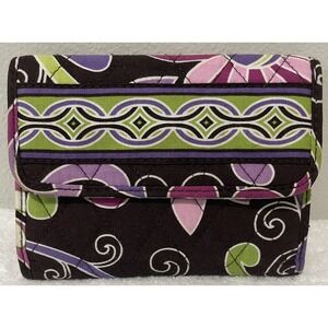 Vera Bradley Trifold Wallet Womens Brown Purple Floral Quilted Cotton Snap Boho